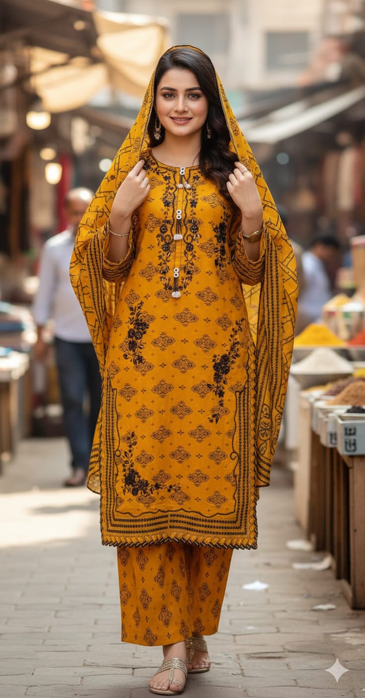 *✨ Khaddar 3-Piece Suit – Mustard Elegance ✨*