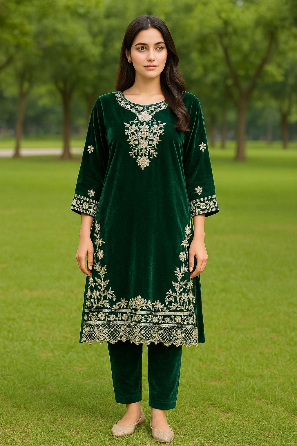 *Emerald Opulence – Velvet Embroidered 2-Piece Suit*