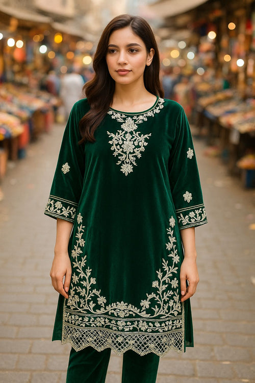 *Emerald Opulence – Velvet Embroidered 2-Piece Suit*